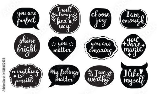 Black and white stickers about self  love, self acceptance. Hand written calligraphic self support phrases. Isolated on white vector illustration set