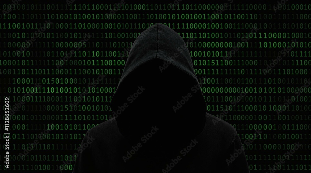 A person wearing a black hoodie with a hood up, silhouetted against a backdrop of a dense binary code display.