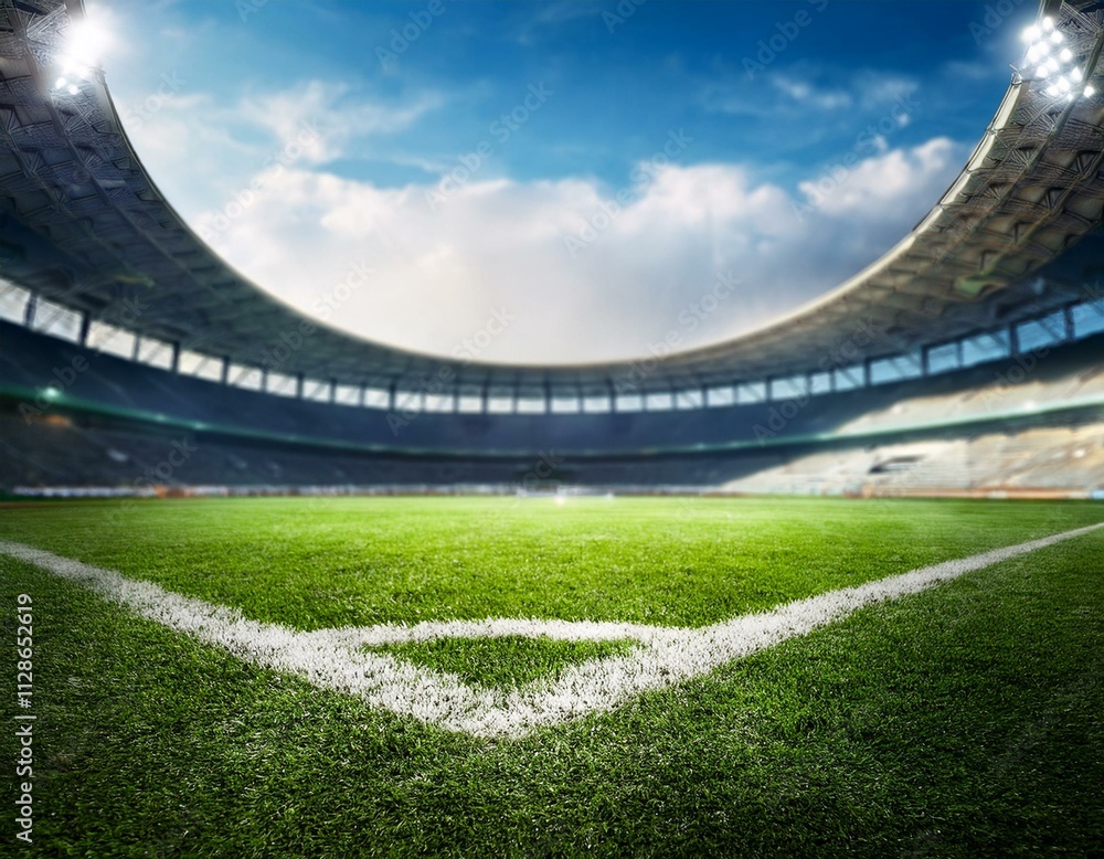 Fototapeta premium soccer stadium with illumination, green grass and night sky