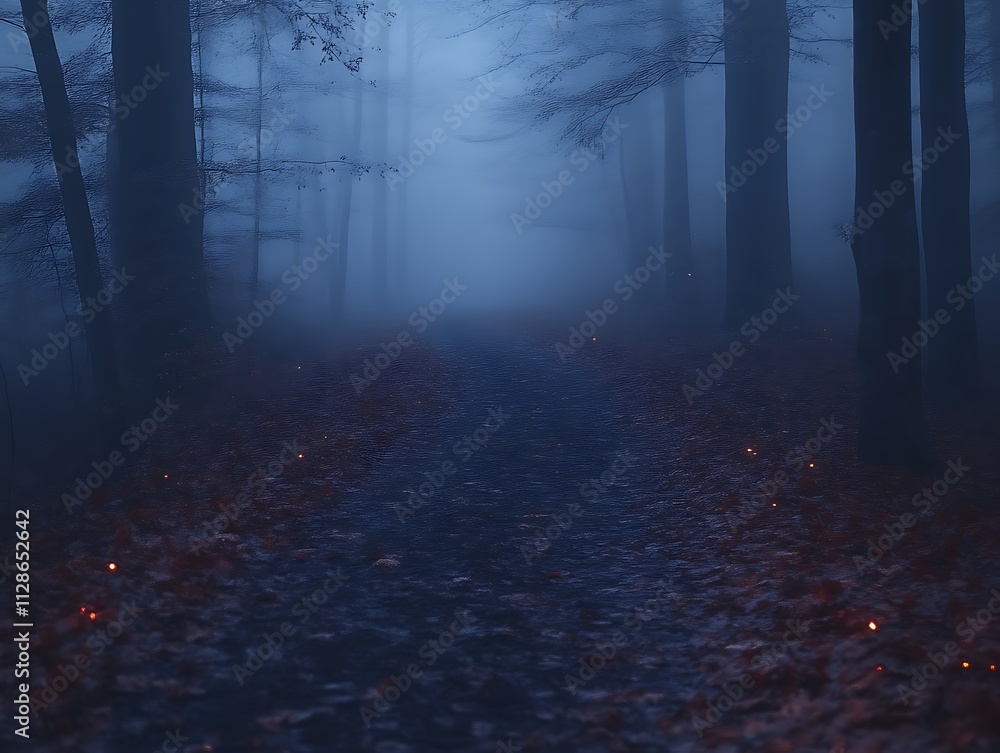 A misty forest path glows with faint lights at night A misty forest path glows with faint lights at night