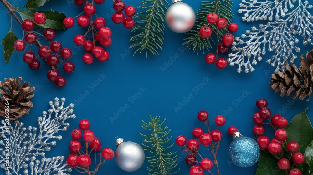 Festive Holiday Flat Lay with Ornaments, Berries, and Pine Cones. A vibrant blue backdrop featuring holiday ornaments, red berries, silver foliage, and pine cones, perfect for seasonal desig... Festive Holiday Flat Lay with Ornaments, Berries, and Pine Cones. A vibrant blue backdrop featuring holiday ornaments, red berries, silver foliage, and pine cones, perfect for seasonal desig...