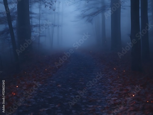 A misty forest path glows with faint lights at night