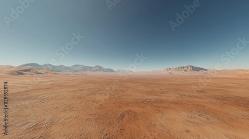 Vast, flat desert landscape under a clear sky, featuring hazy mountains in the distance.