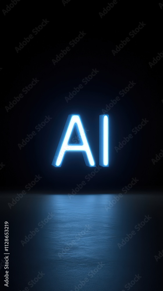Bright neon letters AI glowing against a dark background in a modern setting Bright neon letters AI glowing against a dark background in a modern setting