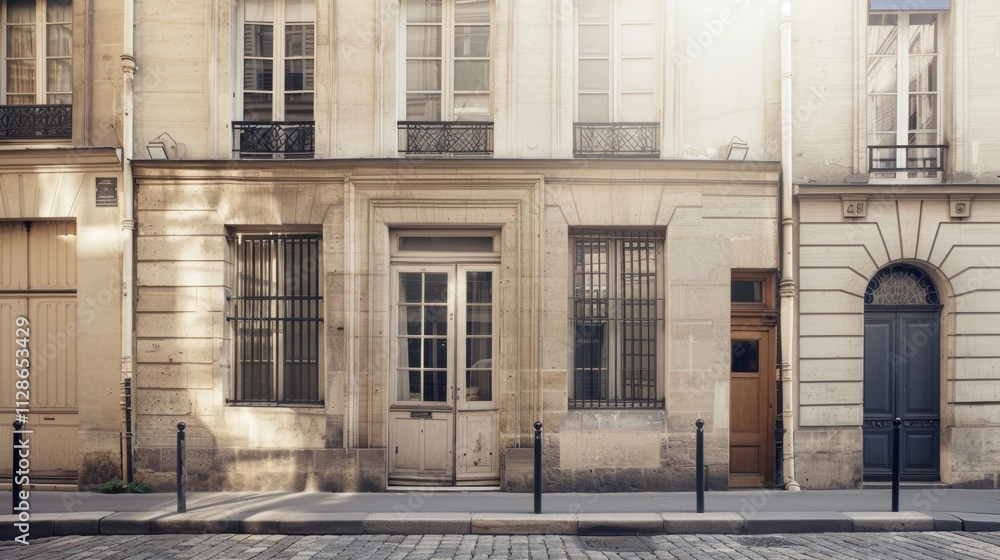 Elegant Parisian street view, modern minimalist building, full wall with windows and doors, warm sunlight, tranquil atmosphere, no people present.