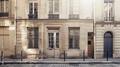 Obraz na płótnie Elegant Parisian street view, modern minimalist building, full wall with windows and doors, warm sunlight, tranquil atmosphere, no people present. w salonie