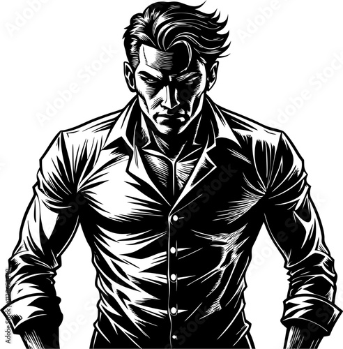 Dramatic black and white illustration of a serious man with intense expression, wearing a collared shirt in retro comics style