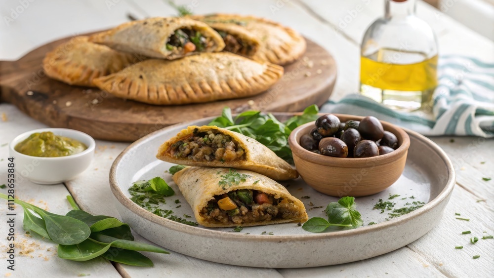 Rustic Vegan Empanadas Platter with Olive Oil and Garnishes Rustic Vegan Empanadas Platter with Olive Oil and Garnishes