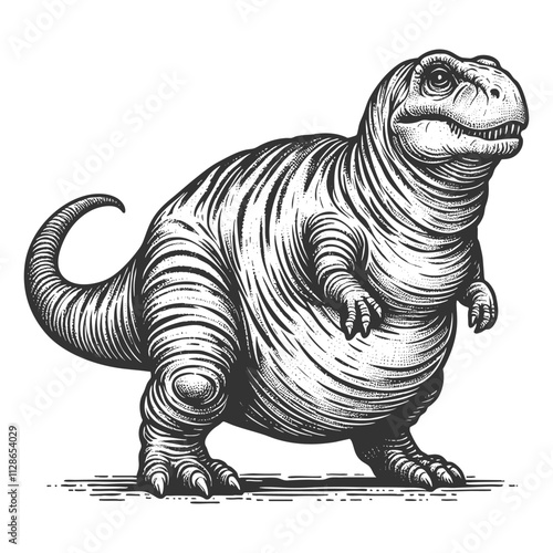 plump fat dinosaur body positive chubby T-rex body, showcasing unique, retro-inspired artwork sketch engraving generative ai vector illustration. Scratch board imitation. Black and white image.