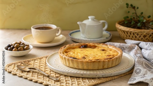 Savory Empadao Pastry with Tea and Snacks on a Cozy Table Setting photo