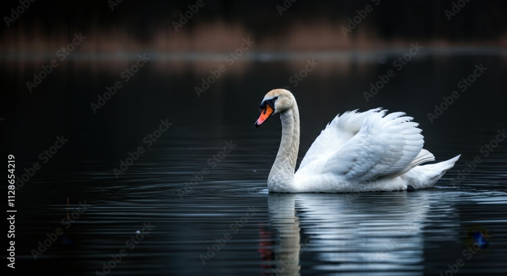Fototapeta premium Graceful swan gliding on tranquil lake reflects serenity and elegance