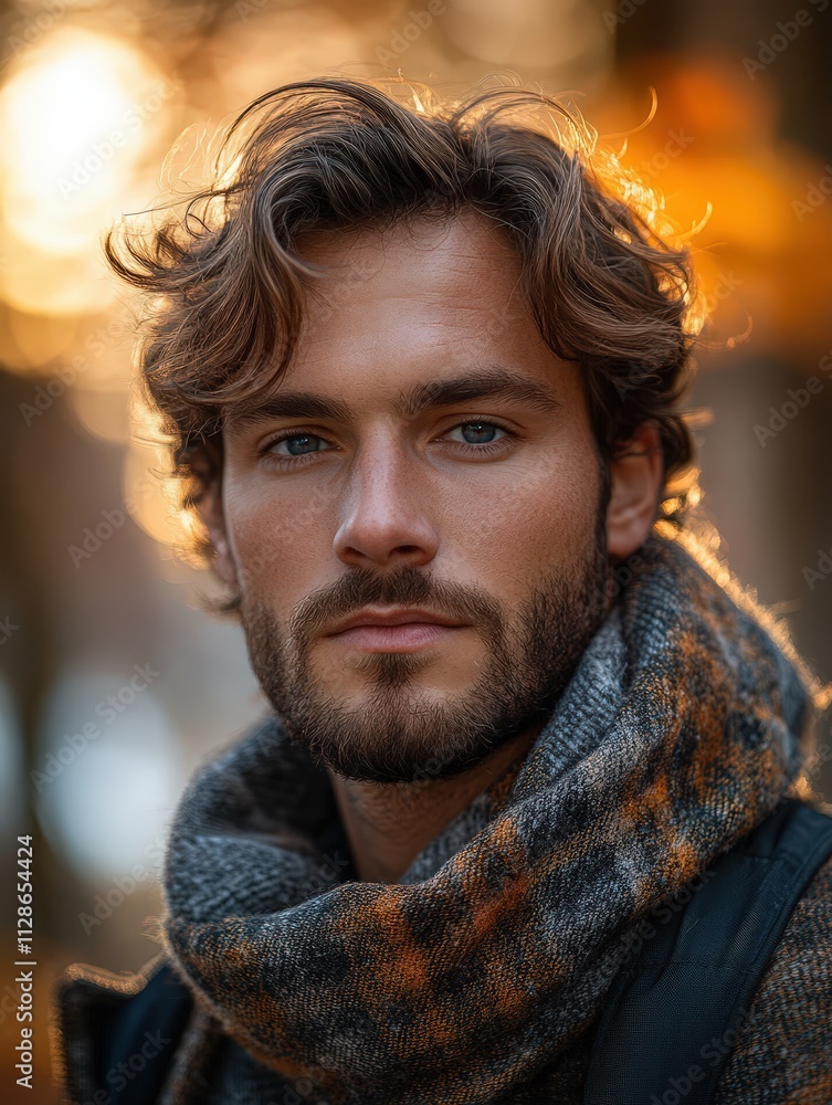 Fototapeta premium Handsome man with wavy hair wearing scarf, captured in a warm, golden light setting
