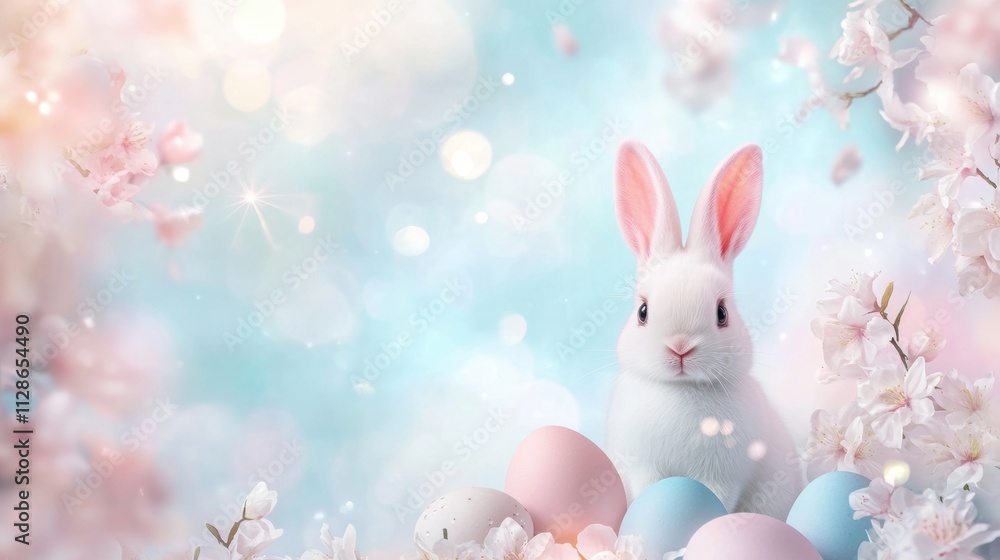 easter bunny with eggs,White Bunny among Easter Eggs and Blooming Flowers, Enchanted Springtime Scenery easter bunny with eggs,White Bunny among Easter Eggs and Blooming Flowers, Enchanted Springtime Scenery