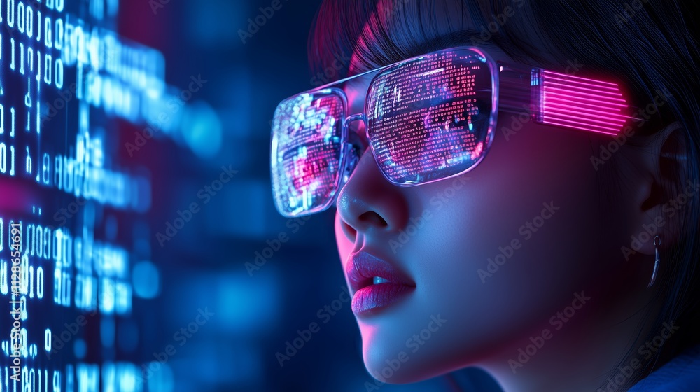 Young woman wearing futuristic glasses immersed in vibrant digital world with glowing binary code on display Young woman wearing futuristic glasses immersed in vibrant digital world with glowing binary code on display