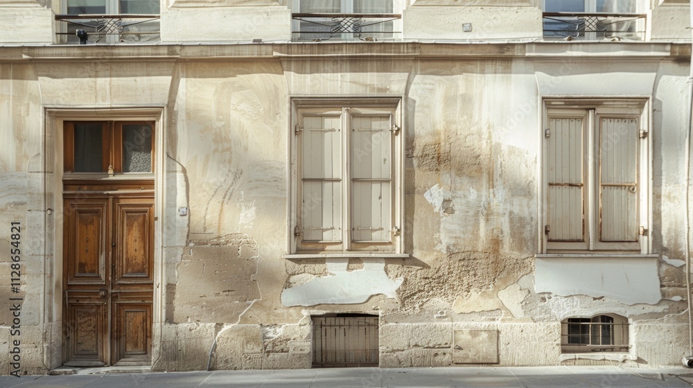 Elegant Parisian building, minimalist facade, facing a wall with windows and doors, sunny afternoon light, tranquil atmosphere, no people present.