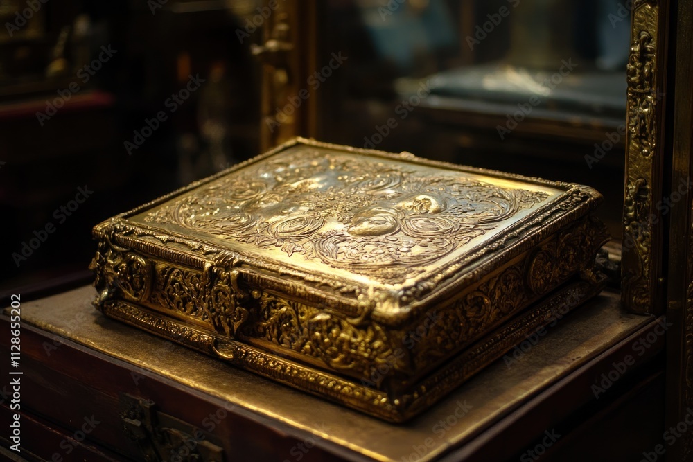 Ornate antique gold metal jewelry box with intricate carvings on a dark wooden surface. Ornate antique gold metal jewelry box with intricate carvings on a dark wooden surface.
