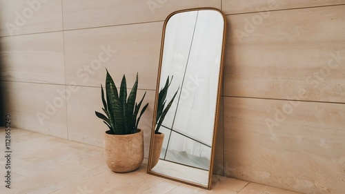 A tall floor mirror leaning against a beige wall