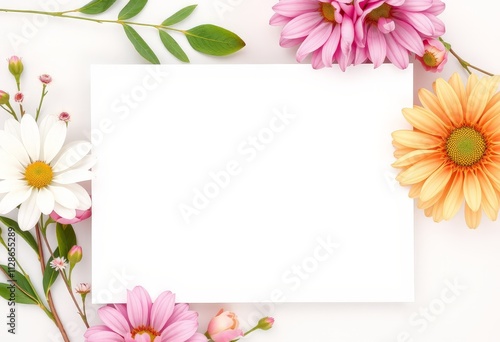 Eine weiße, leere Karte liegt auf hellem Hintergrund, umgeben von rosa, weißen und orangefarbenen Blumen – ideal als Mockup oder Vorlage. Generative KI. photo