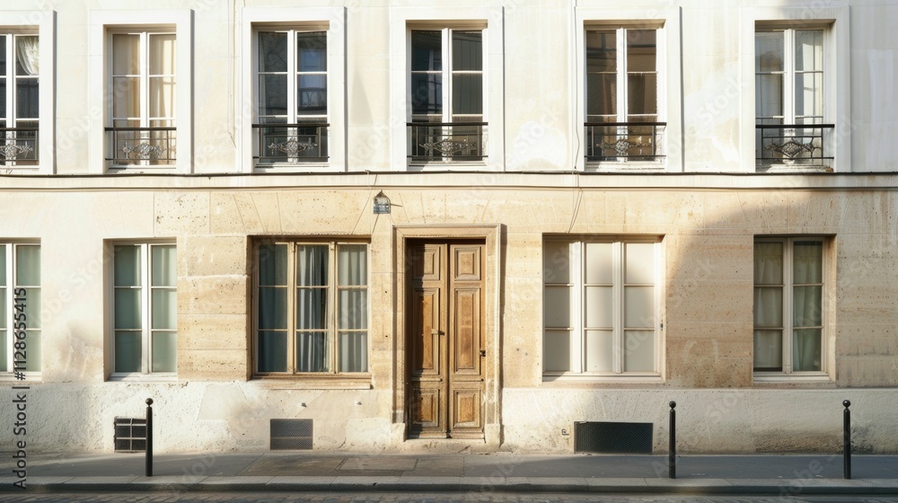 Minimalist architecture in Paris, full wall of windows and doors, warm afternoon light, tranquil street, no people present. Minimalist architecture in Paris, full wall of windows and doors, warm afternoon light, tranquil street, no people present.
