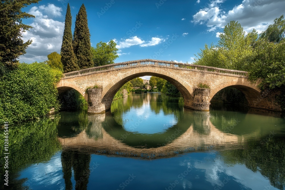 Picturesque stone bridge reflecting in calm waters under a blue sky with fluffy clouds Picturesque stone bridge reflecting in calm waters under a blue sky with fluffy clouds