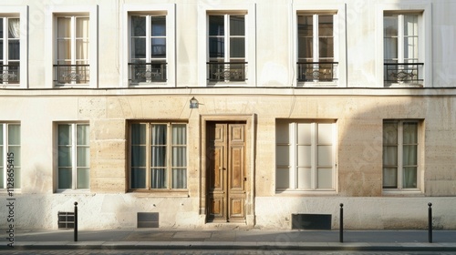 Obraz na płótnie Minimalist architecture in Paris, full wall of windows and doors, warm afternoon light, tranquil street, no people present. w salonie