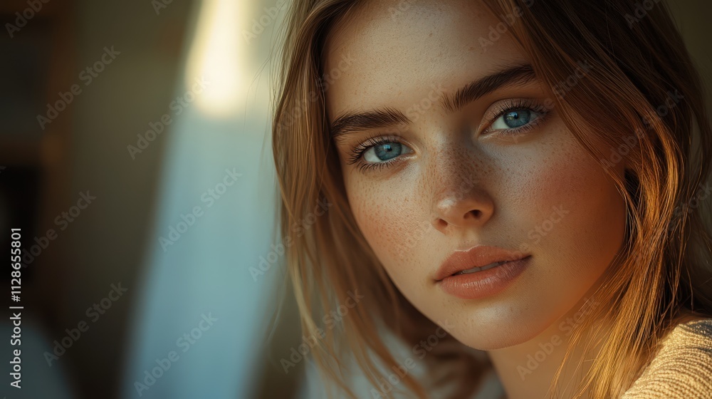 Young woman with blue eyes smiling softly in natural light Young woman with blue eyes smiling softly in natural light