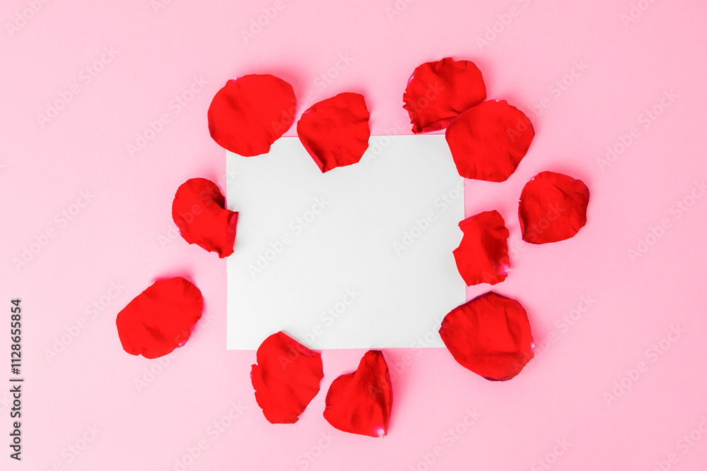 Blank white paper with frame from rose petals Blank white paper with frame from rose petals