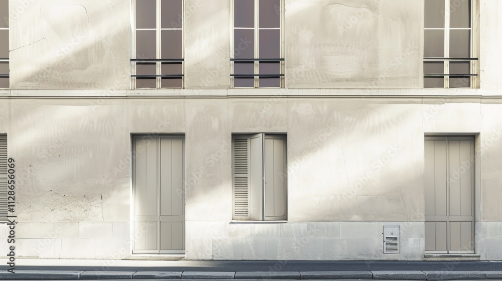 Minimalist Parisian architecture, full wall with windows and doors, sunny afternoon light, serene and peaceful, no people.