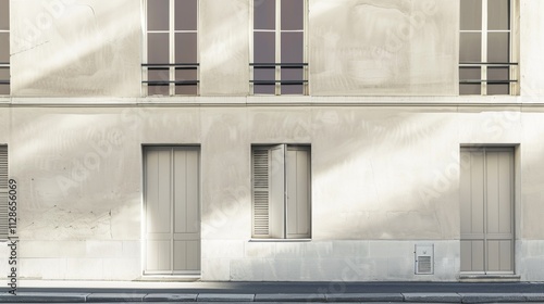 Obraz na płótnie Minimalist Parisian architecture, full wall with windows and doors, sunny afternoon light, serene and peaceful, no people. w salonie