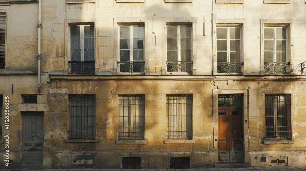 Minimalist Parisian building, complete wall with windows and doors, warm sunlight, tranquil urban setting, no people visible.