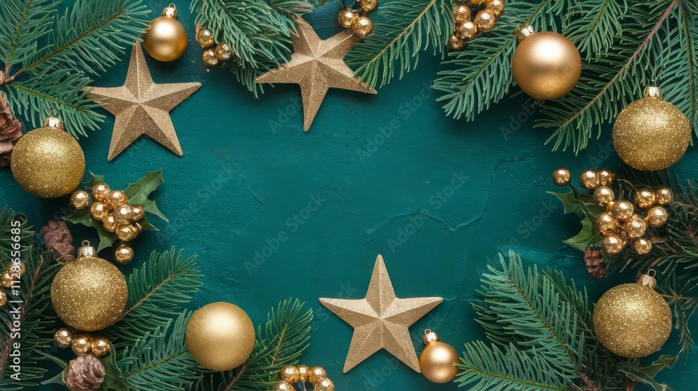 Elegant Christmas Frame with Golden Ornaments and Green Pine. A festive arrangement of golden ornaments, stars, and pine branches on a vibrant teal background, perfect for holiday celebratio... Elegant Christmas Frame with Golden Ornaments and Green Pine. A festive arrangement of golden ornaments, stars, and pine branches on a vibrant teal background, perfect for holiday celebratio...