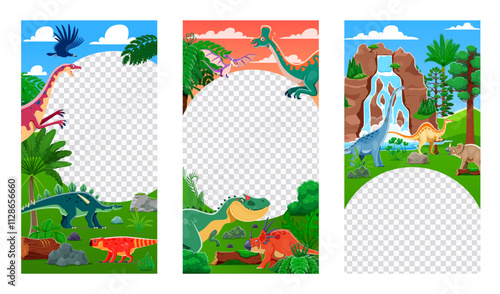 Dino party flyer templates with prehistoric dinosaurs in lush, jungle forest landscape. Vector frames or borders for promoting adventurous dinosaur themed events, parks, parties or kids entertainment