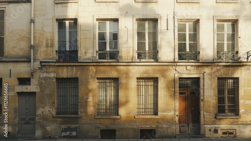 Obraz na płótnie Minimalist Parisian building, complete wall with windows and doors, warm sunlight, tranquil urban setting, no people visible. w salonie