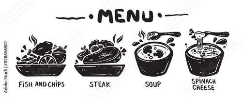 Menu icon set for food categories, hand drawn, vector illustration. (Fish and chips, Steak, Soup, Spinach cheese)