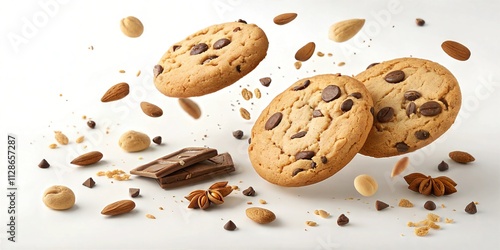 Delicious Falling Choc Chip Cookies With Crumbs Food Photography: Stock Photo For Backgrounds, Graphics, and Design Projects