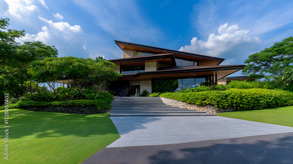 A modern architectural home surrounded by lush greenery under a bright blue sky, featuring a spacious entrance and landscaped garden A modern architectural home surrounded by lush greenery under a bright blue sky, featuring a spacious entrance and landscaped garden