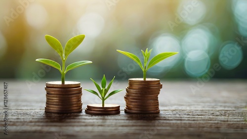 Sprouting green plants on stacks of golden coins, concept of savings, growth, money, wealth investment, economic development, prosperity & financial goal