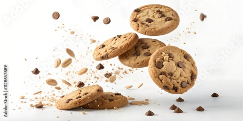 Delicious Falling Choc Chip Cookies With Crumbs Food Photography: Stock Photo For Backgrounds, Graphics, and Design Projects