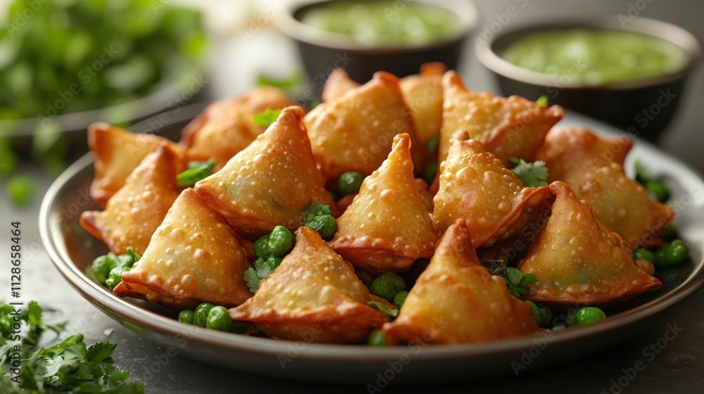 A plate of golden-brown samosas filled with spiced potatoes and peas A plate of golden-brown samosas filled with spiced potatoes and peas