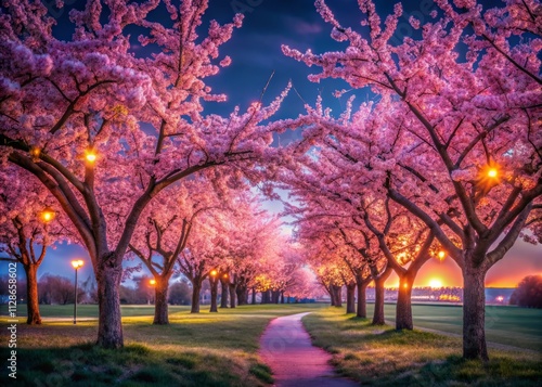 Orchard Hills Cherry Blossoms Night Photography: Englewood Colorado Low Light Pink Flowers Spring Bloom photo