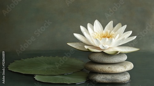 White Water Lily Resting Atop Stacked Stones