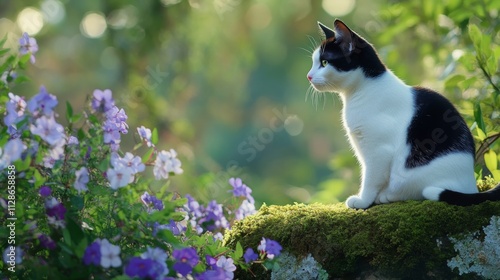 Black and white kitten sitting in the grass surrounded by flowers