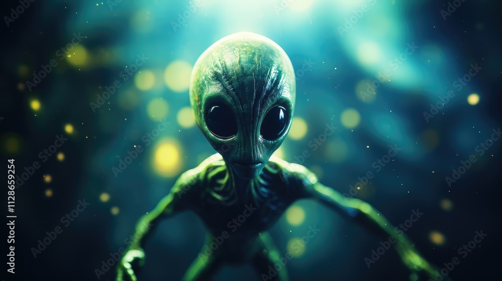 Mysterious alien figure explored in a surreal environment with glowing lights Mysterious alien figure explored in a surreal environment with glowing lights