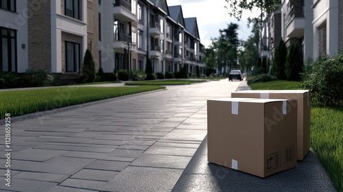 Cardboard boxes are neatly stacked in front of a brick outdoor office building under bright sunshine, showcasing typical work life outside photo