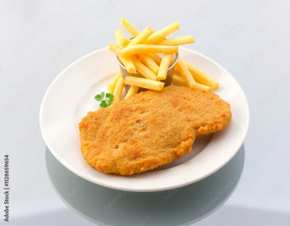 Plate of Chicken Schnitzel and French Fries on White Background Plate of Chicken Schnitzel and French Fries on White Background
