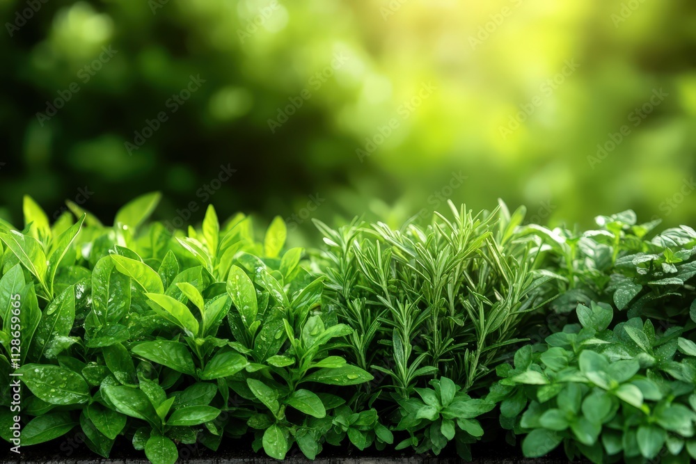 Fresh herbs and vibrant green plants in a sunlit garden setting Fresh herbs and vibrant green plants in a sunlit garden setting