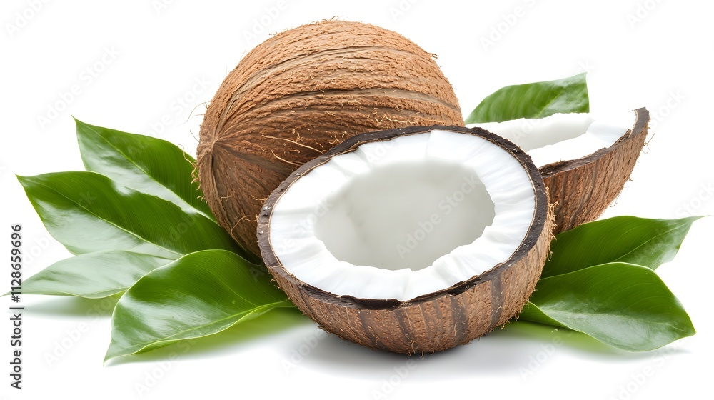 Fresh Coconut Halves Resting on Lush Green Leaves Fresh Coconut Halves Resting on Lush Green Leaves
