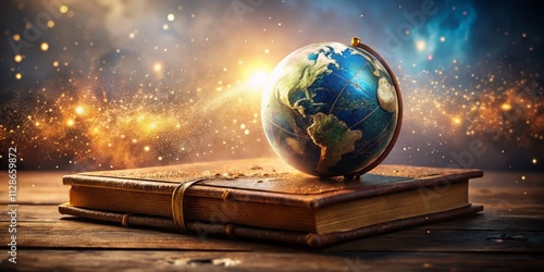 Panoramic Desk Scene: Heavy Book & Planetary Globe - Epic Fantasy Library, World Exploration, Knowledge, Adventure
