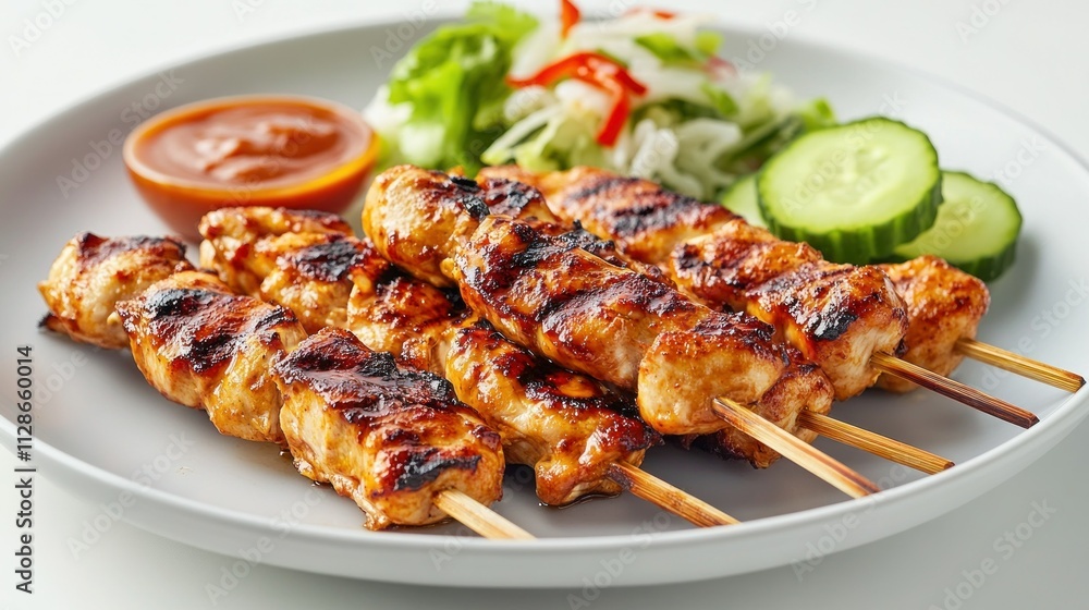 A plate of chicken satay skewers with tender A plate of chicken satay skewers with tender