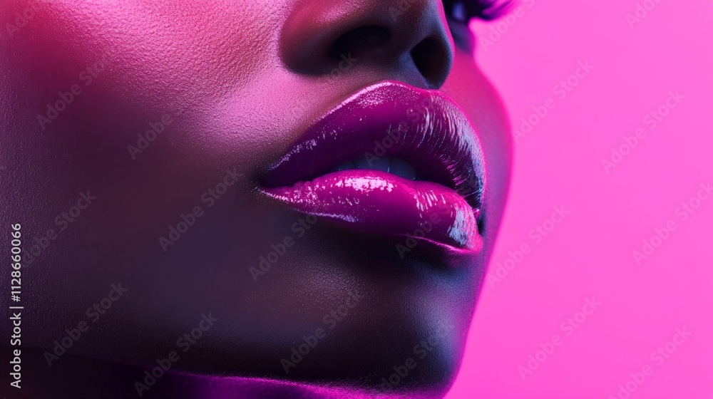 Close-up of Glossy Lips with Bold Pink Background in Stunning Light. A Vibrant and Striking Beauty Image. Close-up of Glossy Lips with Bold Pink Background in Stunning Light. A Vibrant and Striking Beauty Image.